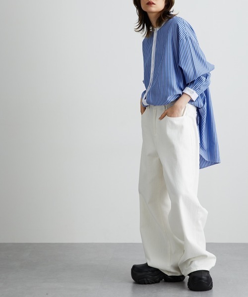 Soiunique（スワユニーク）の「【販売終了】バンドカラーストライプロング丈シャツ ［Soiunique］（シャツ/ブラウス・レディース・グレー系/ブルー系・L-XL/S-M）」の12枚目の写真