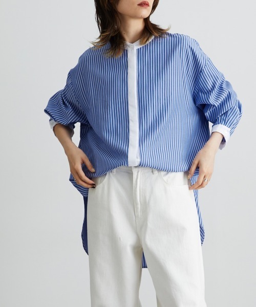 Soiunique（スワユニーク）の「【販売終了】バンドカラーストライプロング丈シャツ ［Soiunique］（シャツ/ブラウス・レディース・グレー系/ブルー系・L-XL/S-M）」の13枚目の写真