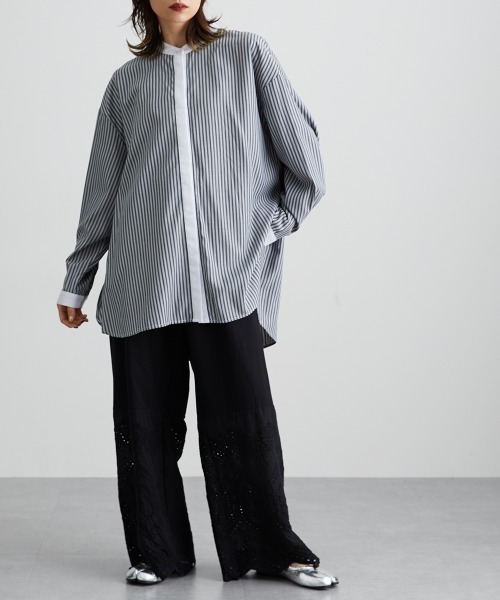 Soiunique（スワユニーク）の「【販売終了】バンドカラーストライプロング丈シャツ ［Soiunique］（シャツ/ブラウス・レディース・グレー系/ブルー系・L-XL/S-M）」の14枚目の写真