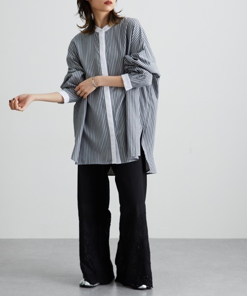 Soiunique（スワユニーク）の「【販売終了】バンドカラーストライプロング丈シャツ ［Soiunique］（シャツ/ブラウス・レディース・グレー系/ブルー系・L-XL/S-M）」の18枚目の写真