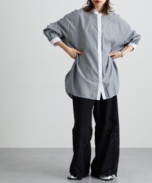 Soiunique（スワユニーク）の「【販売終了】バンドカラーストライプロング丈シャツ ［Soiunique］（シャツ/ブラウス・レディース・グレー系/ブルー系・L-XL/S-M）」の19枚目の写真