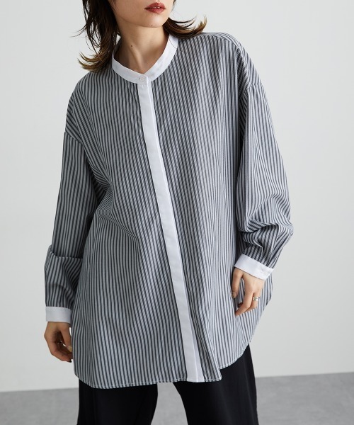 Soiunique（スワユニーク）の「【販売終了】バンドカラーストライプロング丈シャツ ［Soiunique］（シャツ/ブラウス・レディース・グレー系/ブルー系・L-XL/S-M）」の20枚目の写真