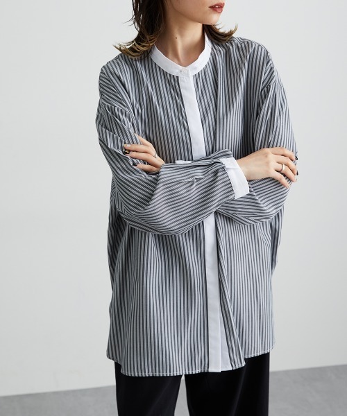 Soiunique（スワユニーク）の「【販売終了】バンドカラーストライプロング丈シャツ ［Soiunique］（シャツ/ブラウス・レディース・グレー系/ブルー系・L-XL/S-M）」の21枚目の写真