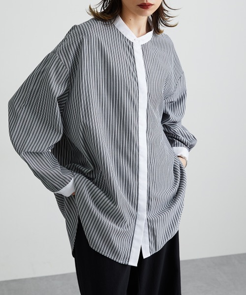 Soiunique（スワユニーク）の「【販売終了】バンドカラーストライプロング丈シャツ ［Soiunique］（シャツ/ブラウス・レディース・グレー系/ブルー系・L-XL/S-M）」の22枚目の写真