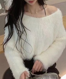 オフショルシャギーVネックニット