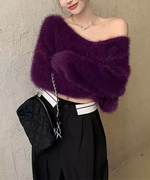 SHEPP(シープ)の「オフショルシャギーVネックニット(ニット/セーター・レディース・グリーン/グレー/ブラック/パープル/ホワイト/ライトパープル・F)」の18枚目の写真