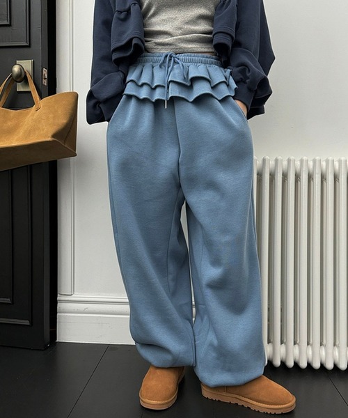 【THEAIRTOWN】レースフリル レイヤード スウェット パンツ ウエストレイヤードフリルスウェットパンツ/裏起毛スウェット