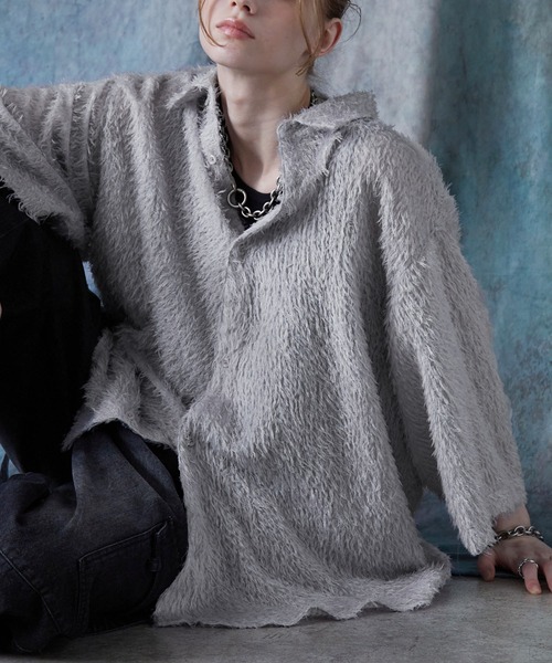 SERACE（セラス）の「【SERACE】Loose silhouette jacquard shaggy sheer short sleeve shirt / ルーズシルエットジャガードシャギーシアー半袖シャツ（シャツ/ブラウス・メンズ・ホワイト/ブラック/グレイッシュブルー・S/L/M）」の13枚目の写真