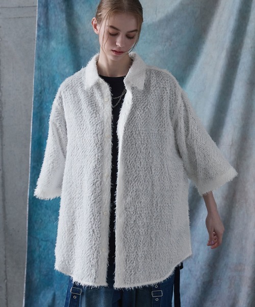 SERACE(セラス)の「【SERACE】Loose silhouette jacquard shaggy sheer short sleeve shirt / ルーズシルエットジャガードシャギーシアー半袖シャツ(シャツ/ブラウス・メンズ・ホワイト/ブラック/グレイッシュブルー・S/L/M)」の7枚目の写真