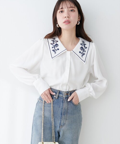 WEB限定】配色刺繍衿レトロブラウス（シャツ/ブラウス）｜natural