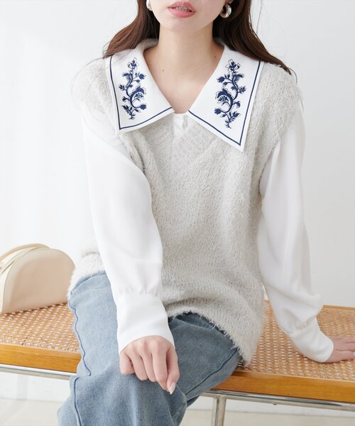 WEB限定】配色刺繍衿レトロブラウス（シャツ/ブラウス）｜natural