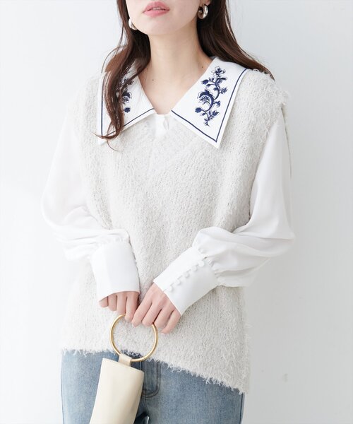 WEB限定】配色刺繍衿レトロブラウス（シャツ/ブラウス）｜natural