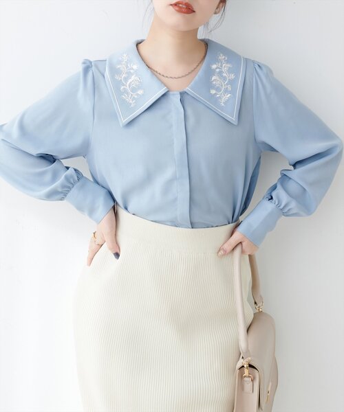 WEB限定】配色刺繍衿レトロブラウス（シャツ/ブラウス）｜natural