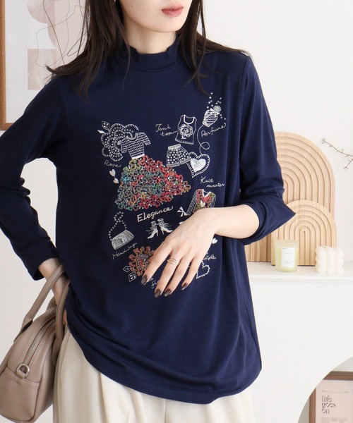 BRODIAEA(ブローディア)の「BRODIAEA ハイネックカットソー カラフル刺繍 スーパープレミアサーモ(Tシャツ/カットソー・レディース・ピンク/ブラック/オリーブ/チャコールグレー/ネイビー/ベージュ・40)」の6枚目の写真