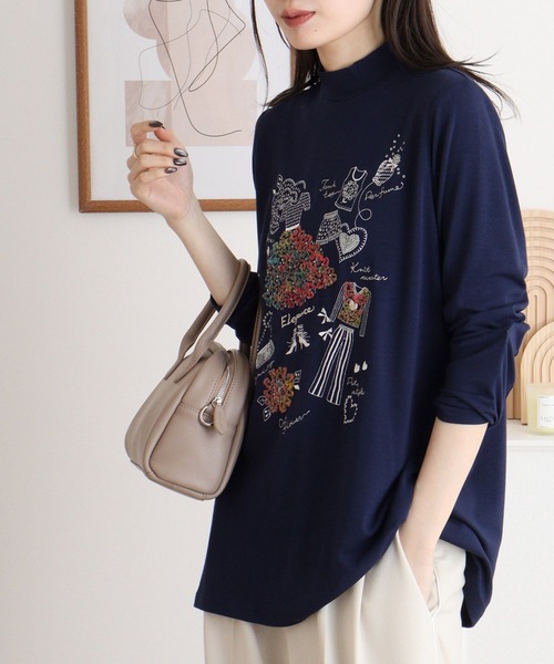 BRODIAEA(ブローディア)の「BRODIAEA ハイネックカットソー カラフル刺繍 スーパープレミアサーモ(Tシャツ/カットソー・レディース・ピンク/ブラック/オリーブ/チャコールグレー/ネイビー/ベージュ・40)」の7枚目の写真
