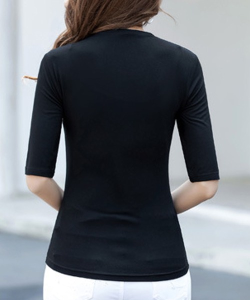 aimoha（アイモハ）の「五分袖ハイネックトップス（Tシャツ/カットソー・レディース・チョコ/ホワイト/ベージュ/ブラック/マスタード・FREE）」の9枚目の写真