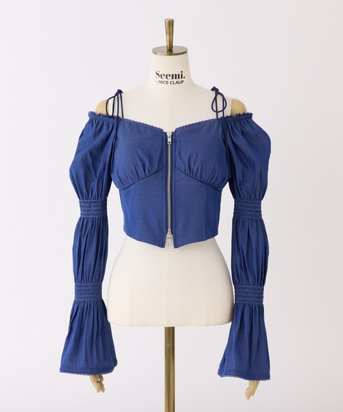 Seemi. byNICECLAUP( シーミーバイナイスクラップ)の「【Seemi. 】シャーリングリボントップス(シャツ/ブラウス・レディース・オフホワイト/ピンク/ブルー系その他/ドット・FREE)」の5枚目の写真