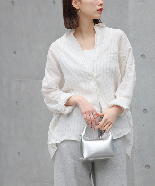 JOURNAL STANDARD relume（ジャーナルスタンダード　レリューム）の「手洗い可 / No.66ストライプフレンチリネンシャツ（シャツ/ブラウス・レディース・グレー/カーキ/ネイビー/イエロー・FREE）」の9枚目の写真