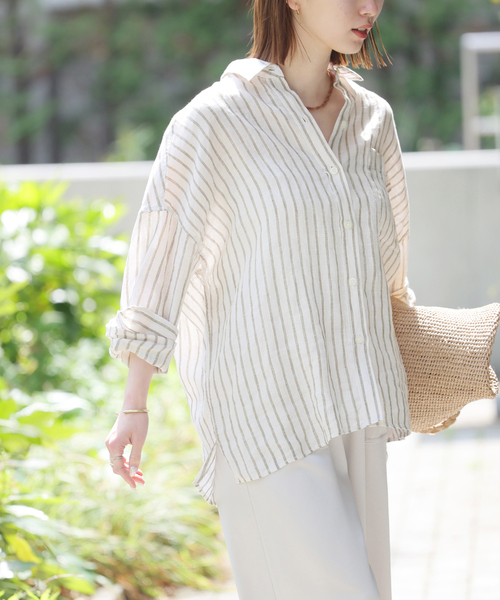 JOURNAL STANDARD relume（ジャーナルスタンダード　レリューム）の「手洗い可 / No.66ストライプフレンチリネンシャツ（シャツ/ブラウス・レディース・グレー/カーキ/ネイビー/イエロー・FREE）」の16枚目の写真