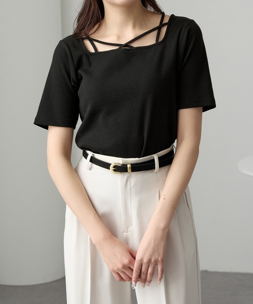 Cieluna（シエルナ）の「【Cieluna】クロスネックリブカットソー（Tシャツ/カットソー・レディース・モカ/ブラック/チャコールグレー/オフホワイト・M/L）」の9枚目の写真