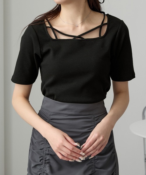 Cieluna（シエルナ）の「【Cieluna】クロスネックリブカットソー（Tシャツ/カットソー・レディース・モカ/ブラック/チャコールグレー/オフホワイト・M/L）」の14枚目の写真
