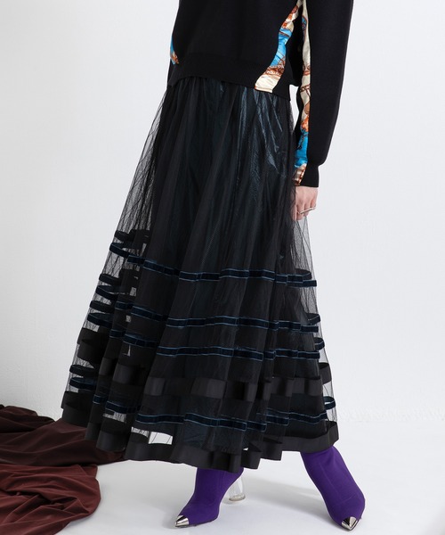 AULA AILA（アウラアイラ）の「ボーダーチュールスカート（スカート・レディース・ブラック/グレー/ネイビー・0）」の2枚目の写真