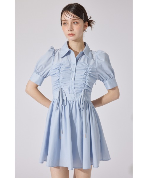 フロントシャーリングリボンミニハーフシャツフレアワンピース 半袖 夏服 セール】フロントシャーリングリボンミニハーフシャツフレア