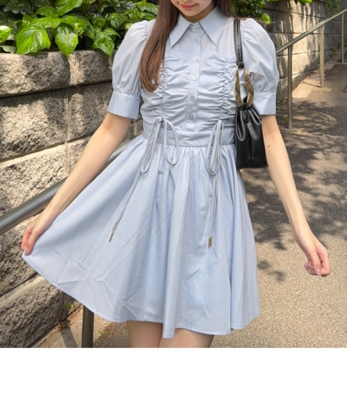 フロントシャーリングリボンミニハーフシャツフレアワンピース 半袖 夏服 セール】フロントシャーリングリボンミニハーフシャツフレア