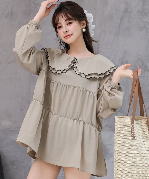 TeddyShop（テディショップ）の「【UVカット率99％以上】レディース水着 長袖パイピングダブルフリルビッグカラーラッシュガードトップス（ラッシュガード・レディース・ホワイト/ベージュ/ブラック・LL/M/L/S）」の3枚目の写真