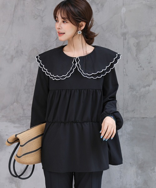 TeddyShop（テディショップ）の「【UVカット率99％以上】レディース水着 長袖パイピングダブルフリルビッグカラーラッシュガードトップス（ラッシュガード・レディース・ホワイト/ベージュ/ブラック・LL/M/L/S）」の22枚目の写真