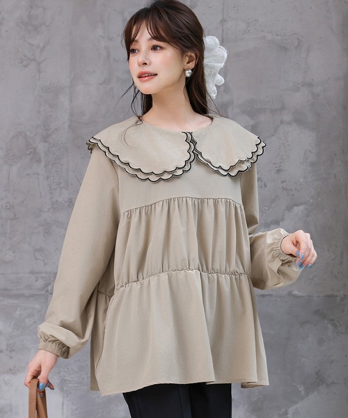 TeddyShop（テディショップ）の「【UVカット率99％以上】レディース水着 長袖パイピングダブルフリルビッグカラーラッシュガードトップス（ラッシュガード・レディース・ホワイト/ベージュ/ブラック・LL/M/L/S）」の9枚目の写真