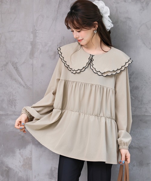 TeddyShop（テディショップ）の「【UVカット率99％以上】レディース水着 長袖パイピングダブルフリルビッグカラーラッシュガードトップス（ラッシュガード・レディース・ホワイト/ベージュ/ブラック・LL/M/L/S）」の10枚目の写真