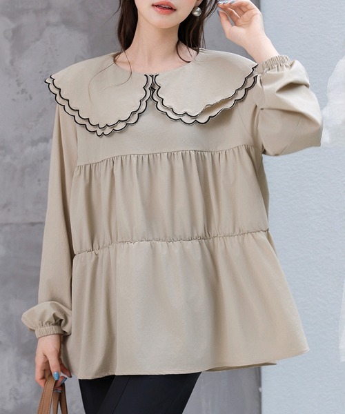 TeddyShop（テディショップ）の「【UVカット率99％以上】レディース水着 長袖パイピングダブルフリルビッグカラーラッシュガードトップス（ラッシュガード・レディース・ホワイト/ベージュ/ブラック・LL/M/L/S）」の11枚目の写真