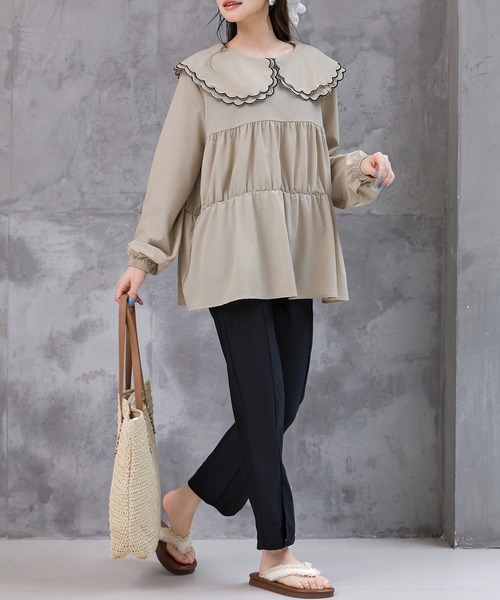 TeddyShop（テディショップ）の「【UVカット率99％以上】レディース水着 長袖パイピングダブルフリルビッグカラーラッシュガードトップス（ラッシュガード・レディース・ホワイト/ベージュ/ブラック・LL/M/L/S）」の13枚目の写真