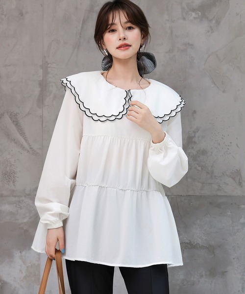 TeddyShop（テディショップ）の「【UVカット率99％以上】レディース水着 長袖パイピングダブルフリルビッグカラーラッシュガードトップス（ラッシュガード・レディース・ホワイト/ベージュ/ブラック・LL/M/L/S）」の4枚目の写真