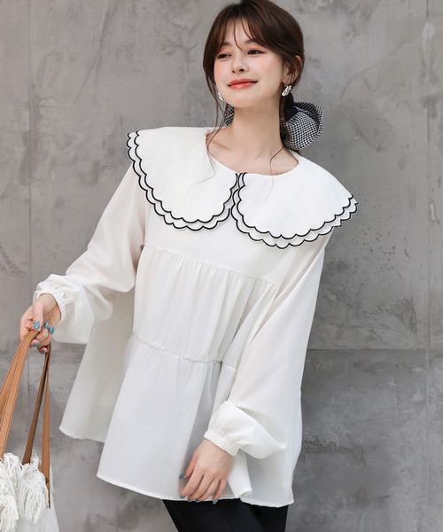 TeddyShop（テディショップ）の「【UVカット率99％以上】レディース水着 長袖パイピングダブルフリルビッグカラーラッシュガードトップス（ラッシュガード・レディース・ホワイト/ベージュ/ブラック・LL/M/L/S）」の5枚目の写真