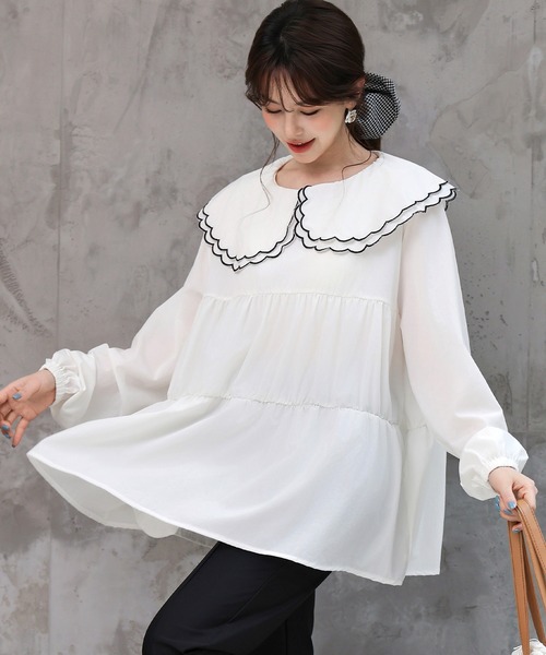 TeddyShop（テディショップ）の「【UVカット率99％以上】レディース水着 長袖パイピングダブルフリルビッグカラーラッシュガードトップス（ラッシュガード・レディース・ホワイト/ベージュ/ブラック・LL/M/L/S）」の6枚目の写真