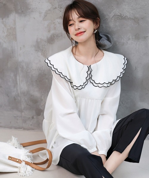 TeddyShop（テディショップ）の「【UVカット率99％以上】レディース水着 長袖パイピングダブルフリルビッグカラーラッシュガードトップス（ラッシュガード・レディース・ホワイト/ベージュ/ブラック・LL/M/L/S）」の7枚目の写真