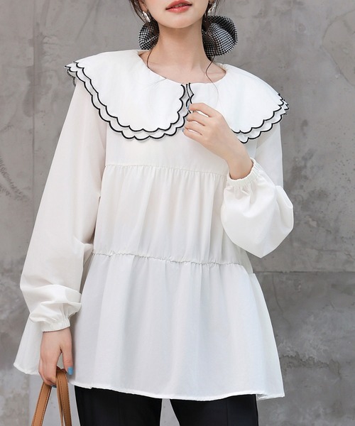 TeddyShop（テディショップ）の「【UVカット率99％以上】レディース水着 長袖パイピングダブルフリルビッグカラーラッシュガードトップス（ラッシュガード・レディース・ホワイト/ベージュ/ブラック・LL/M/L/S）」の18枚目の写真