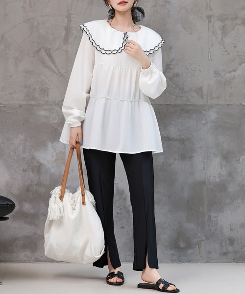 TeddyShop（テディショップ）の「【UVカット率99％以上】レディース水着 長袖パイピングダブルフリルビッグカラーラッシュガードトップス（ラッシュガード・レディース・ホワイト/ベージュ/ブラック・LL/M/L/S）」の20枚目の写真