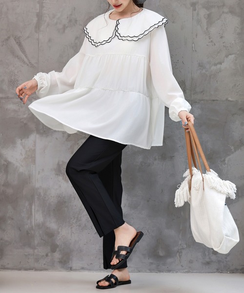 TeddyShop（テディショップ）の「【UVカット率99％以上】レディース水着 長袖パイピングダブルフリルビッグカラーラッシュガードトップス（ラッシュガード・レディース・ホワイト/ベージュ/ブラック・LL/M/L/S）」の21枚目の写真