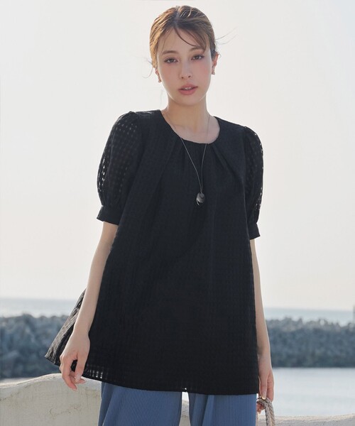 AMICA ブラック パフスリーブ シャツ パール使いパフスリーブTシャツ A/C DESIGN BY ALPHA CUBIC
