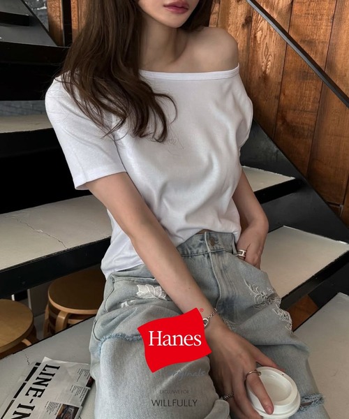 HANES(wCY)́yHanes for WILLFULLYz"2Zbg" Hanes/wCY 2P boatneck pack T-Shirt(TVc/Jbg\[)
