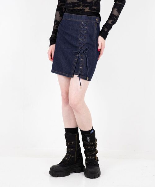 APPLE PANDA刺繍 サイドレースアップデニムミニスカート（デニム