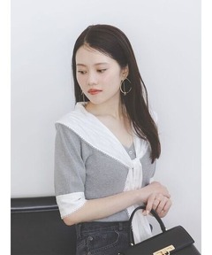 新品　Sustainableスカーフブラウスドッキングプルオーバー　紺 セール】Sustainableスカーフブラウスドッキングプルオーバー