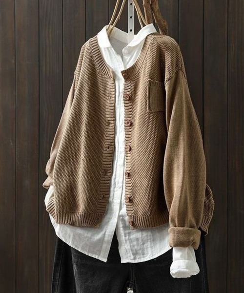 ｸﾙｰﾈｯｸ胸ﾎﾟｹｯﾄ付ﾆｯﾄｶｰﾃﾞｨｶﾞﾝ（カーディガン/ボレロ）｜CADBURY