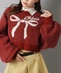 SPINNS | 大きなリボンが主役☆クロップド丈フェザーニット/リボン(ニット/セーター)