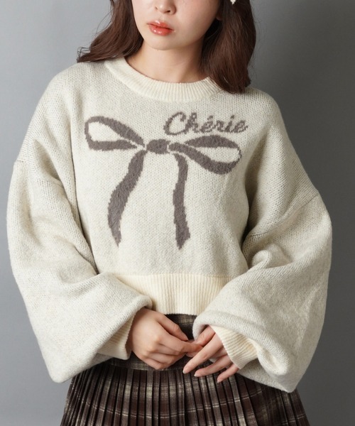 セール】大きなリボンが主役☆クロップド丈フェザーニット/リボン