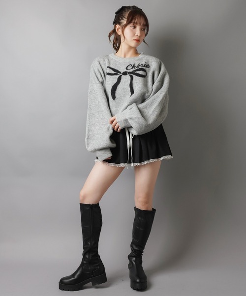 SPINNS(スピンズ)の「大きなリボンが主役☆クロップド丈フェザーニット/リボン(ニット/セーター・レディース・ネイビー/ボルドー/アイボリー/グレー・ONESIZE)」の19枚目の写真