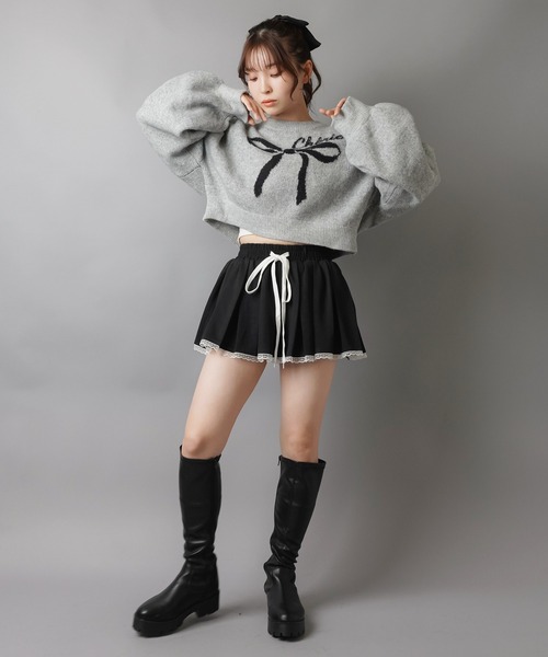 セール】大きなリボンが主役☆クロップド丈フェザーニット/リボン